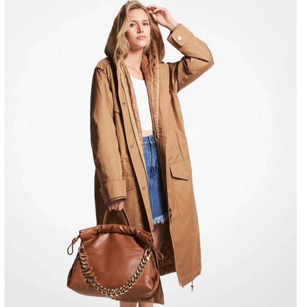 Michael Kors Womens XS Long Utility Parka Hooded Quilted Lined Camel Tan Jacket